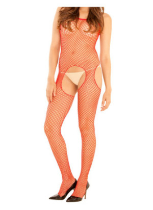 Bodystocking rouge filet ouvert devant et derrière - REN7002-RED
